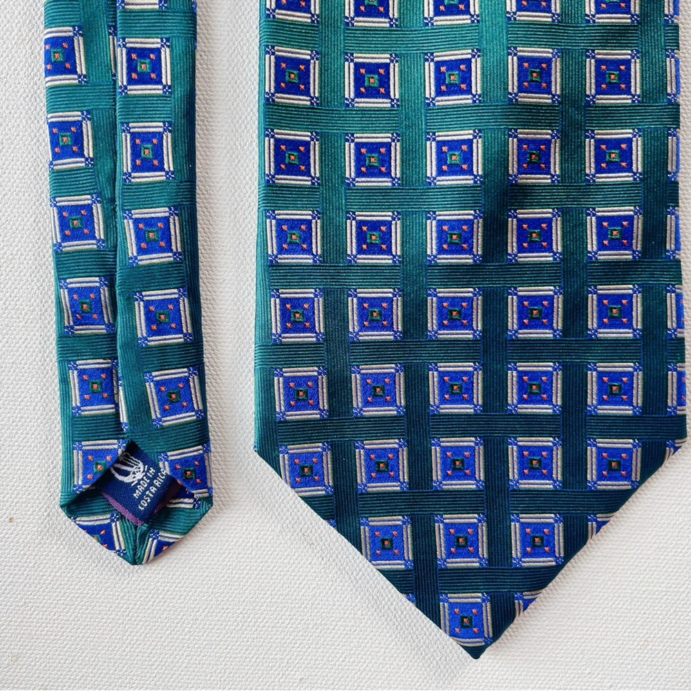 NWT Vintage Retro Nautica Neck Tie 100% Silk Geometric Print Wide Teal Blue NOS